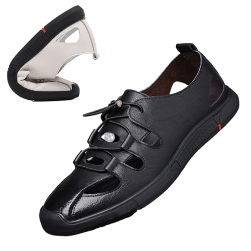 Men's Leather Hollow Casual Sandals with Adjustable Elastic Straps, Comfortable Round Toe Breathable Soft Sole Non-Slip Slip-On Fisherman Sandals for Outdoor Leisure Driving