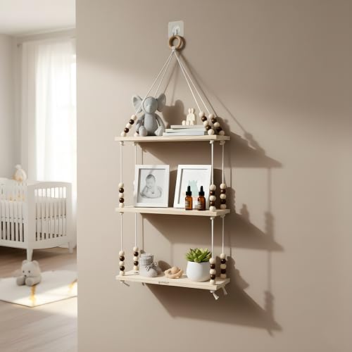 Image of 3Tier Hanging Shelf with Magic Hook, Use Decor Plants, Books, Decorative Gift Items Nursery Livingroom Wooden Beads & Ring Woven Bohemian Chic for Dorm