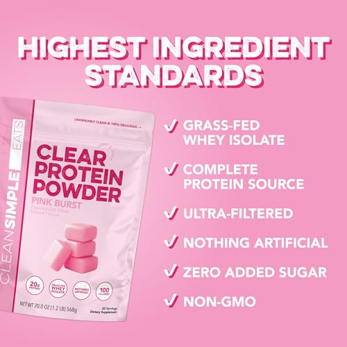 Image of Clean Simple Eats Clear Protein Drinks, 20g Grass Fed Whey Protein Isolate, Ultra Filtered, Light & Refreshing Beverage, Low Lactose, Pink Burst Flavor, 20 Servings