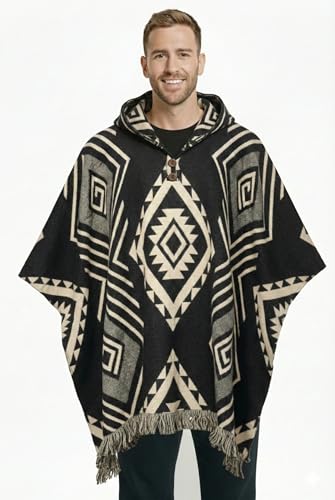 Image of Wool Poncho Adult Ponchos With Hood for men Alpaca Poncho Men Artesanal Ponchos Adult Alpaca Mens Panchos
