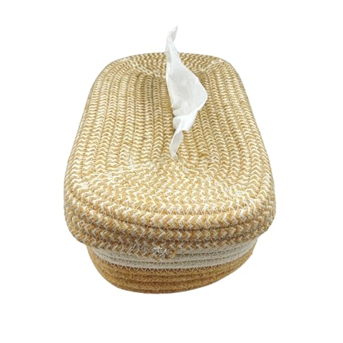 Image of BOBBINY Jute Cotton Tissue Box Holder, Handcrafted Tissue Container for 100 Pulls Natural Tissue Holder for Office Living Bedroom Car Desk Dining Table Home Decor (Off White & Brown, Design 7)