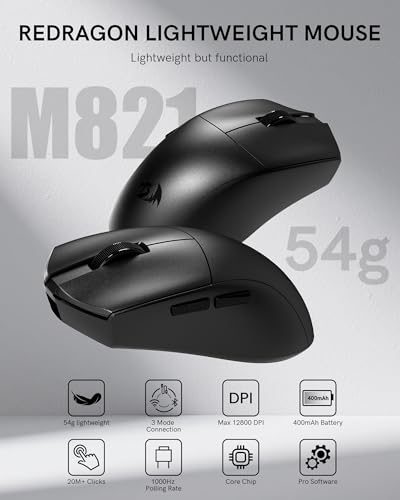 Image of Redragon Wireless Mouse, 54G Lightweight, Tri-Mode 2.4G /USB C Wired /Bluetooth, Black PC Gaming Mice for Computer Laptop Mac Windows, Max 128000 DPI, 1K Polling, 6 Programmable Buttons, M821