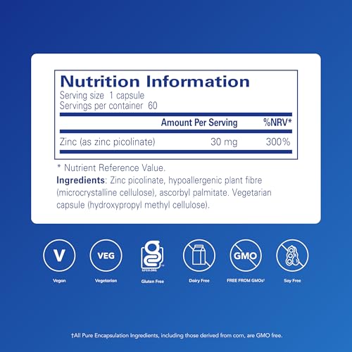 Pure Encapsulations - Zinc 30 - Zinc Picolinate 30mg - Highly Absorbable Hypoallergenic Immune System Supplement - 60 Capsules - 6