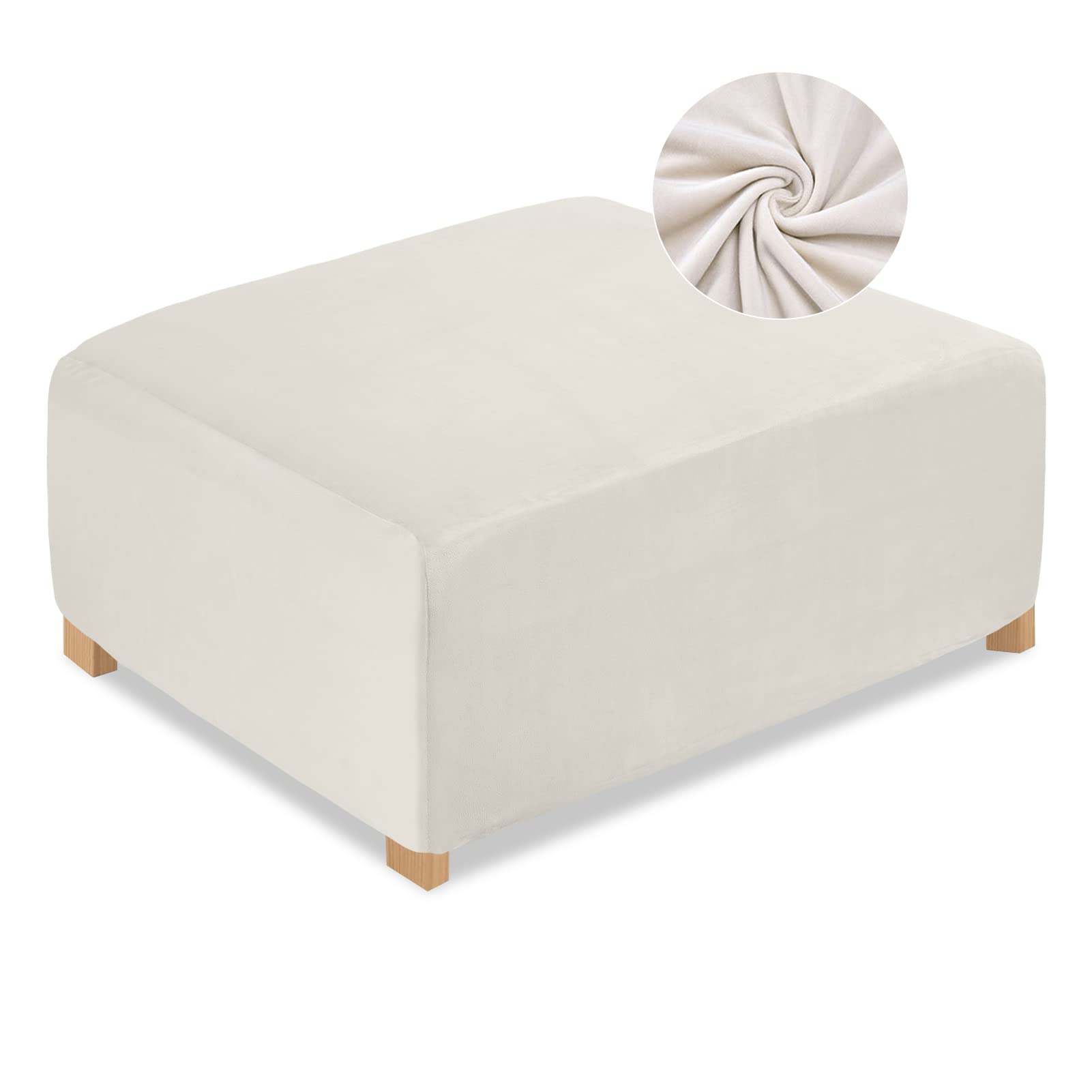 NeColorLife Velvet Ottoman Cover Storage Ottoman Slipcover Thick Stretchable Footrest Stool Covers with Elastic Band for Rectangle and Square Ottoman(Large Size,Beige)