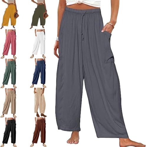 Lapidata Linen Pants, Women High Waisted Cotton Linen Palazzo Pants, Casual Loose Lightweigt Drawstring Pantss with Pockets