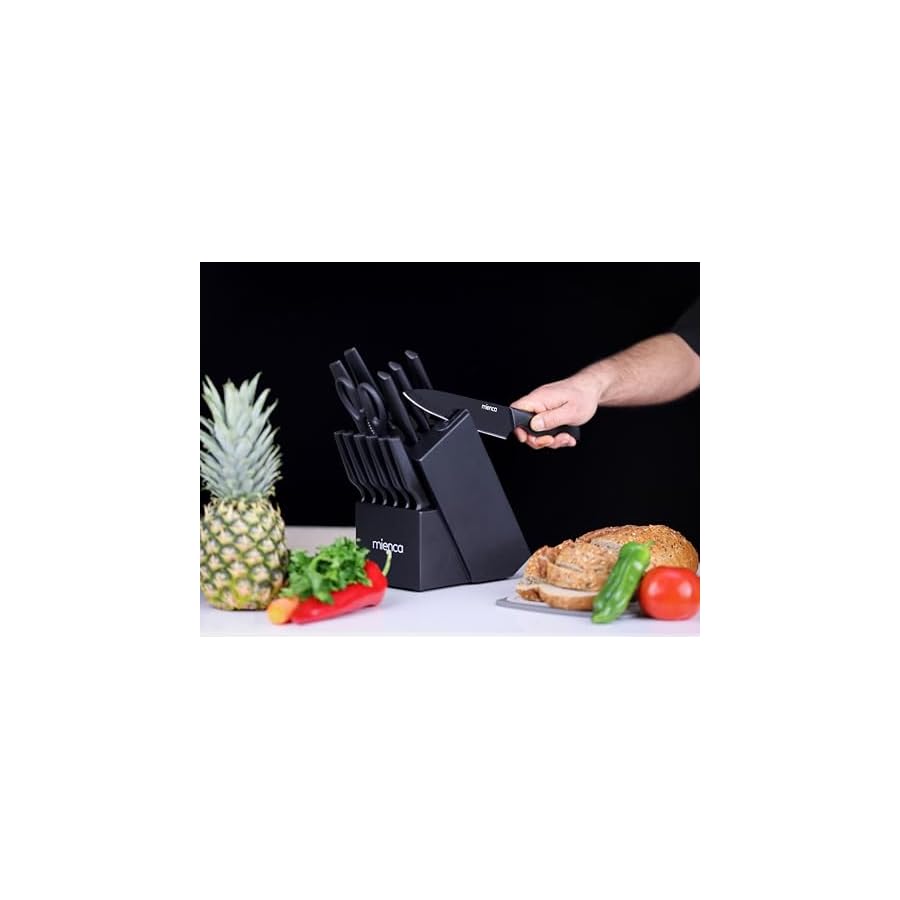 Kitchen Knife Set with Block and Sharpener 16 Pcs German Stainless Steel Knife Block Set with Cutting Board, Finger Protector for Cutting Food and Knife Sharpener Knives Set for Kitchen