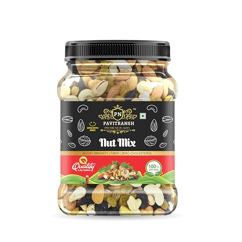 Image of Pavitransh 100% Natural Premium Mix Dry Fruits 500Gm with Almonds | Cashew | Kishmish | Apricot | Black Raisins | Dried Kiwi | Nuts and Dry Fruits 500Gm (Jar pack)