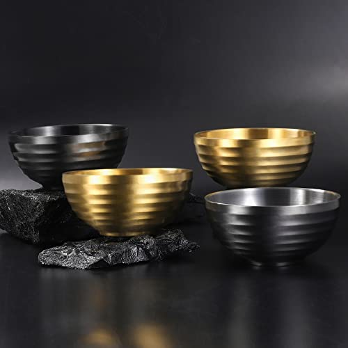 4er Edelstahl Schüsseln Doppelschicht Isolierte Nudelsuppe Schüssel Reis Schüssel Salat Schüssel Müslischalen, Schüsseln für Obst Getreide Snack Vorspeise, Geschirrspüler Sicher,14cm (Gold&Schwarz)