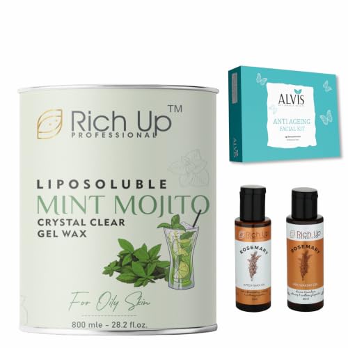 Image of Liposoluble Blueberry Crystal Clear Gel Wax, Normal Skin, 800ml, Painless Hair Removal with Vitamin C | Get 60 ml After Wex Oil & Gel And Facial Kit Free (Mint Mojito)