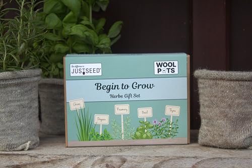 JustSeed Begin to Grow Herbs Gift Set with Wool Pots, Garden Growing Kit Contains 5 Herb Varieties, Luxury Gift Set Also has Slate Markers, Mulch Mats, Perfect for Beginners