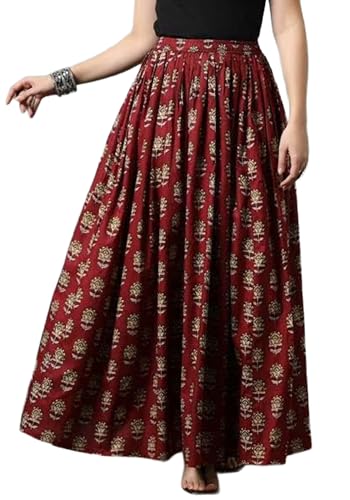 Image of Women's Floral Print Maxi Skirt, Maroon Red, 100% Pure Cotton, Elastic Waist, Full Length, Breathable Fabric