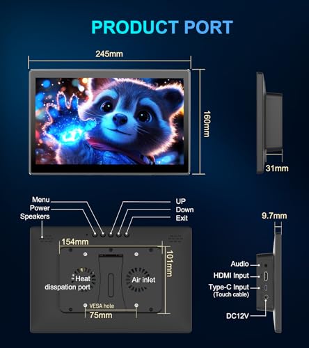 Image of 10.1 Inch Touchscreen Monitor Compatible with Raspberry Pi, Built-in Enclosure, 1920x1200 IPS Portable HDMI Touch Screen Display for Raspberry Pi 5 /4B /3B+ /3B /B+ Jetson Nano PC Win11 /10 /8 /7