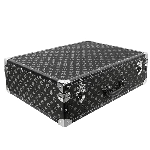 DreamsEden Large Decorative Wood Storage Trunk - Vintage Floral Pattern Antique Black PU Leather Wooden Box Suitcase for Home Decor