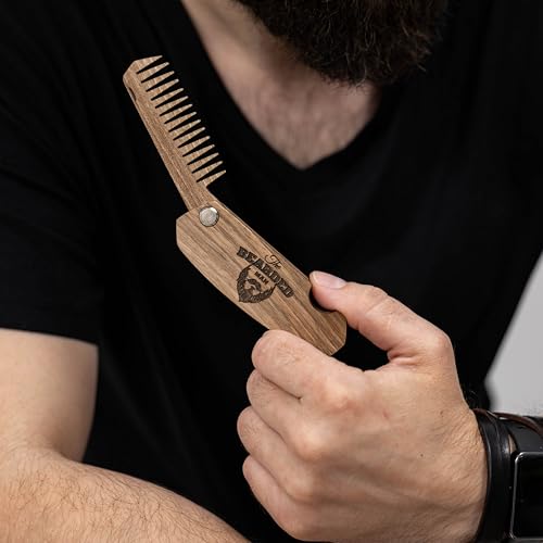 Enjoy The Wood Beard Comb for Men, Folding Pocket Beard Accessories for Men, Engraved Walnut Wooden Comb for Moustache, Beard & Hair For Him (Bearded Man)