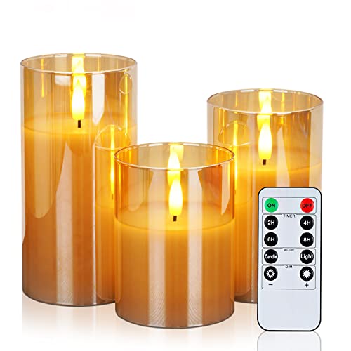 Image of Amagic Gold Glass Flameless Candles Battery Operated with Timer, Remote Control, Flickering LED Fake Pillar Candles for Fall Decoration, Christmas Thanksgiving Decor, Amber, Set of 3