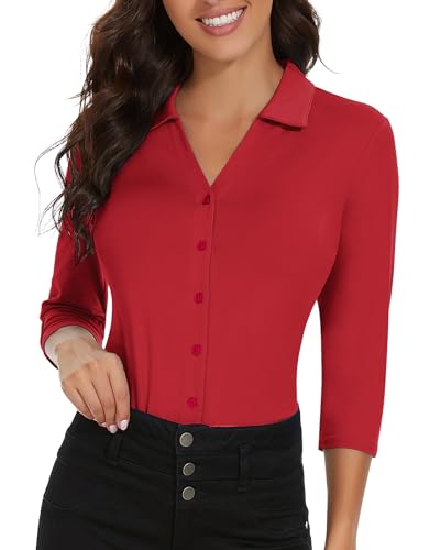 Image of Soneven Womens Golf Polo Shirts 3 /4 Long Sleeve V Neck Button Down Shirts Business Causal Work Blouses Tops