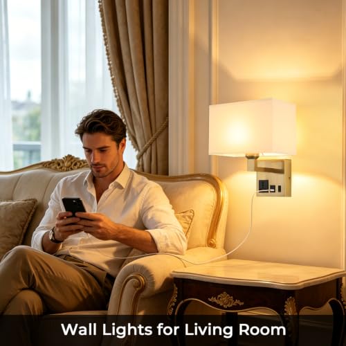 Image of Plug in Wall Sconces, Wall Lamp with Brass Base Square lampshade | Wall Lamps for Bedroom Bulb Included, Wall Mounted Lamp with 3 Color Temperature, Bedside Lamps with USB Ports and AC Outlet