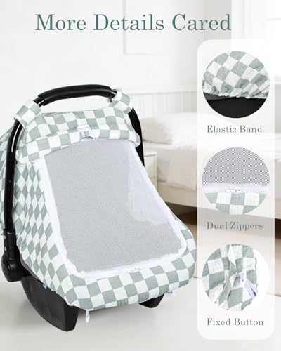 Image of DILIMI Car Seat Covers for Babies, Muslin Cotton Baby Car Seat Cover with Breathable Mesh Window, Summer Infant Car Seat Canopy for Boys Girls Newborn, Green Plaid