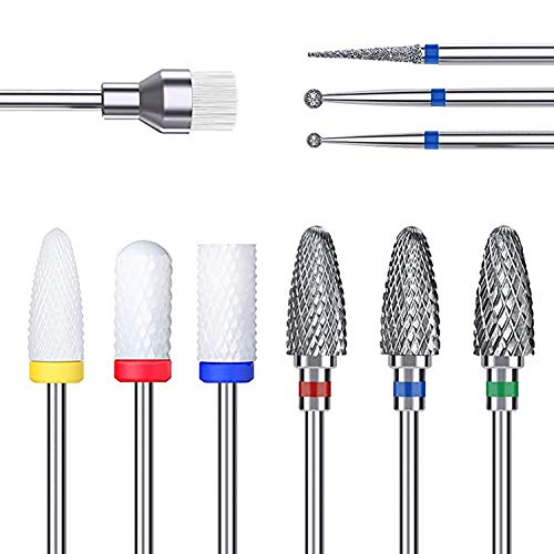 10PCS Ceramic Nail Drill Bits Kit, Tungsten 3/32 Inch Professional Acrylic Gel Nail Bit Diamond Carbide Cuticle Remover Bits for Electric Polishing Manicure Pedicure Nail Drill