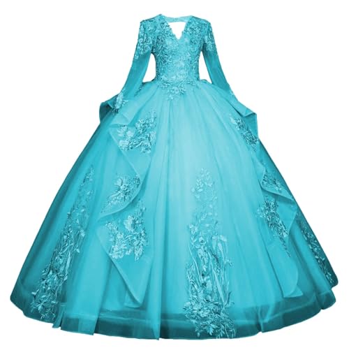 Wcyzvc Long Sleeve Aqua Quinceanera Dresses V-Neck Lace Appliques Ball Gowns  2024 Layered Beading 15 Dresses for Quinceanera A-line Quince Dresses Size  0 at Amazon Women's Clothing store