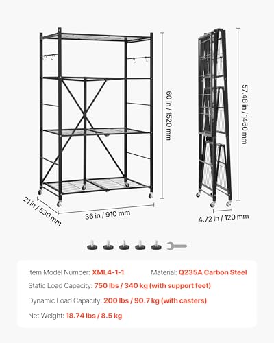 Image of VEVOR 4-Tier Foldable Storage Shelf, 36W x 21D x 60H Inch Folding Metal Rack Shelving Unit, No Assembly Organizer Shelf with 5 Wheels & 4 Hooks for Pantry, Kitchen, Garage, Basement, Black
