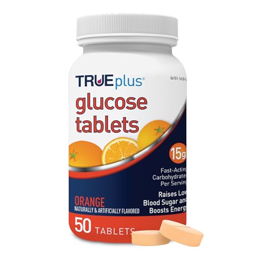 TRUEplus Glucose Tablets Chewable Orange Flavor 15g Fast-Acting Carbohydrates Fat Free Gluten Free Boost Energy 50 Count