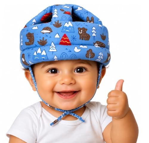 Image of Baby Infant Toddler Helmet No Bump Safety Head Cushion Bumper Bonnet Adjustable Protective Printed Cap Child Safety Headguard for Running Walking Crawling Safety Helmet (Blue)