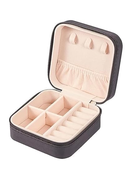 Image of Mini Jewellery Travel Case, PU Leather Organizer Box, Small Portable Jewellery Storage Holder for Womens Rings Earrings Necklaces (Peach-PU Leather Box) (Black)