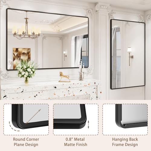 New Upgrade Bathroom Mirror, 60X40 Inch Black Metal Frame Wall Mounted Rounded Rectangle Bathroom Vanity Mirror with Tempered Glass for Washroom Bedroom Living Room