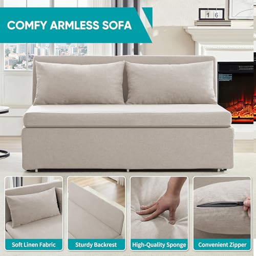 Image of BALUS 64 inch W Queen Size Pull Out Sleeper Sofa Bed Couch with Pullout Bed, 2 in 1 Convertible Linen Loveseat Sofa Sleepers with Pillows and Tri-fold Mattress for Small Space Loft Home Office, Beige