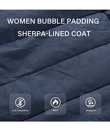 Bellivera Women Faux Leather Puffer Padded Long Jacket Bubble Sherpa-Lined Coat With Detachable Fur Collar 5527 Blue L #TOP4