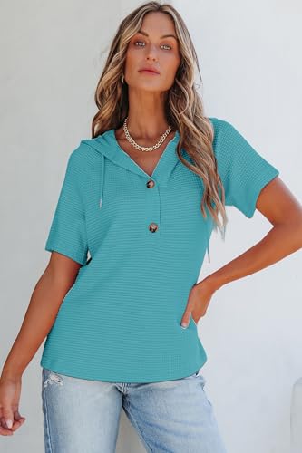 Image of Dokotoo Womens Summer Tops Waffle Knit Short Sleeve Lightweight Drawstring Hoodies Button V Neck Casual Blouses Shirts