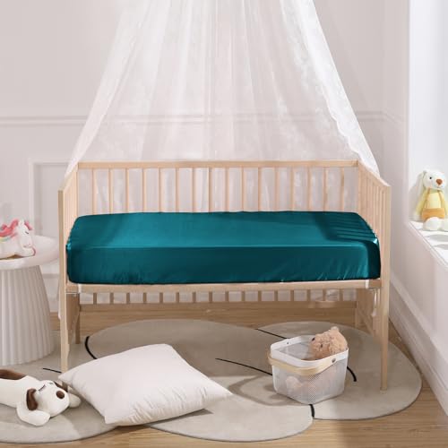 Image of SiinvdaBZX 2 Pcs Satin Mini Crib Sheets 38 x 24In, Teal & Grey | Silk-Like Soft Mini Portable Crib Sheets Mattress Cover Portable Playard Sheets with 5In Deep Pocket, Great for Baby Hair