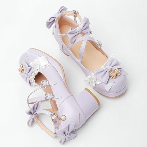 LUXMAX Ankle Strap Pumps Kawaii Shoes for Women Chunky Heel Bow Mary Janes Platform Pumps with Buckle Lace Cute Pumps2