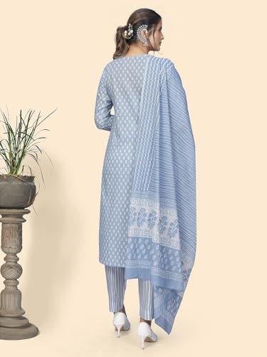 Image of Vbuyz Women's Printed & Hand Work Straight Cotton Blend Parrot Green Kurta,Pant with Dupatta | Kurta Set with Dupatta for Women | Suit Set | Ethnic Set | Printed Kurta Set | Salwar Set for Women