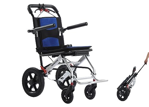 ポータブル折りたたみ式車椅子、幅16インチのシート、ハンドブレーキ付き旅行用車椅子、高齢者や子供用の超軽量車椅子、青色、12プルロッド。