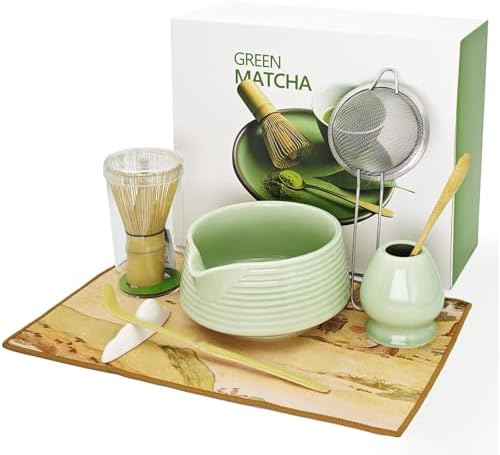 Matcha Whisk Set, Matcha Bowl with Spout, Tea Brush Stand, Stainless Steel Sifter, Matcha Whisk Holder - 8 Pcs Green Matcha Kit Set for Matcha Lover Ideal Holiday Gift, Tea Making Tools