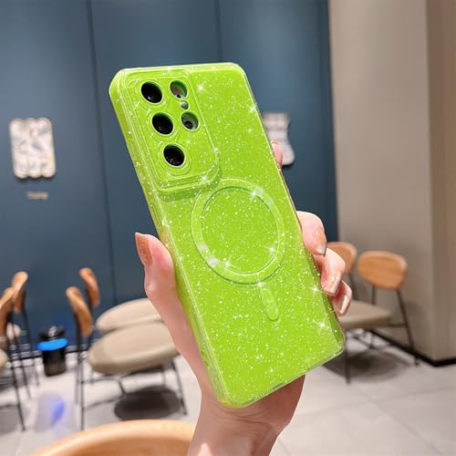 MINSCOSE for Samsung Galaxy S21 Ultra Magnetic Neon Phone Case[Compatible with Magsafe],Cute Bling Glitter Thin Slim Shockproof Sparkly Cover for Women Girl for Samsung Galaxy S21 Ultra -Neon Green