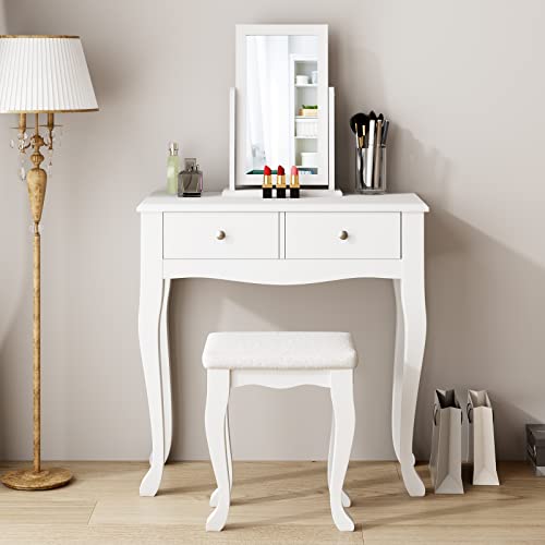 Soges Makeup Vanity Table Set, 2-Drawer Dresser Desk, 360° Rotation Mirror, Cushioned Stool, Bedroom Dressing Table Set, White #TOP2