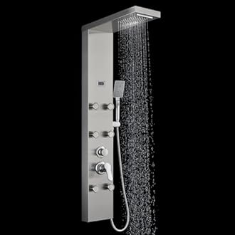 ROVOGO 6 Body Jets Shower Panel System with Rainfall Waterfall Shower Head and Handheld, Shower Tower Column with Temperature Display in Brushed Stainless Steel