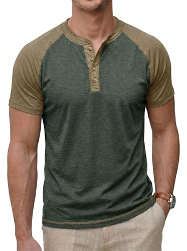 Image of CTU Men's Henley T-Shirt Grandad Raglan Sleeve Button Shirts Casual Contrast Coloured Tops XL Green Khaki