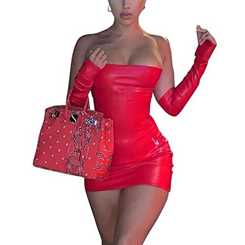 Resnan Women Faux Leather Strapless Tube Top with Cuff Mini Dress Sexy Dress Off Shoulder Bodycon Party Nightclub Wear (as1, Alpha, l, Regular, Regular, Red)