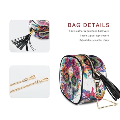 Image of ALAZA Women's Colorful Human Skull Mexican Floral Tattoo PU Leather Crossbody Bag Shoulder Purse with Tassel