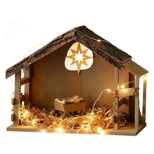 Storieme Christmas Nativity Stable with Light: Wooden Manger for Nativity Scene Indoor - 16 x 14inch Resin Hand Painted Xmas Table Ornament for Holiday Indoor Tabletop Fireplace Gift