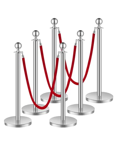 VEVOR Stanchions and Velvet Ropes 6Pcs, Hollow Base with Stainless Steel Post, 3 Red Velvet Ropes and Posts, Crowd Control Barriers Silver Stanchions, Red Carpet Runner Poles for Party Supplies