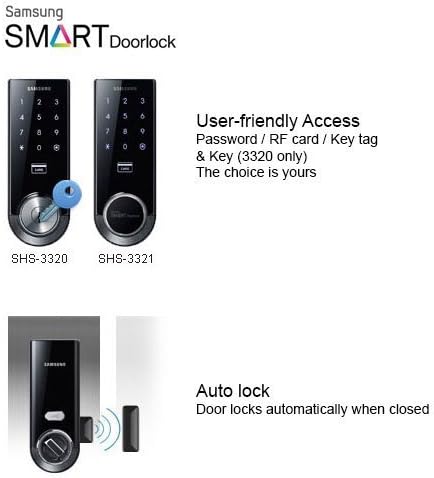 Image showing the Samsung Smart Doorlock with features like Random Security Code, Double Security (password and card), and Auto lock.