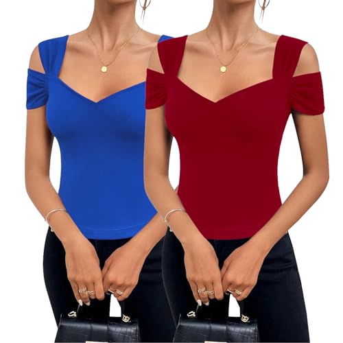 Image of Blingfit Cold Shoulder Tops Summer Tunic Shirts for Women T Shirts V Neck Short Sleeve Casual Tees Blouses 2026