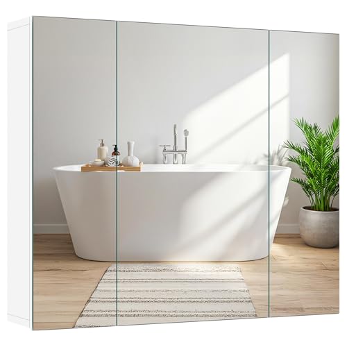 Yaheetech Bathroom Mirror Cabinet with 3 Doors, Wall Mounted Medicine Cabinet with Adjustable Shelf, Storage Cupboard for Living Room, Laundry Room, Mudroom, White