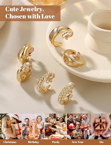 Image of BESTEEL 3Pairs Clip on Earrings for Women Trendy Hypoallergenic 14K Gold Plated Chunky Tube Croissant Waterdrop Clip-on Hoop Earrings Set Fake Jewelry Non Pierced Ears