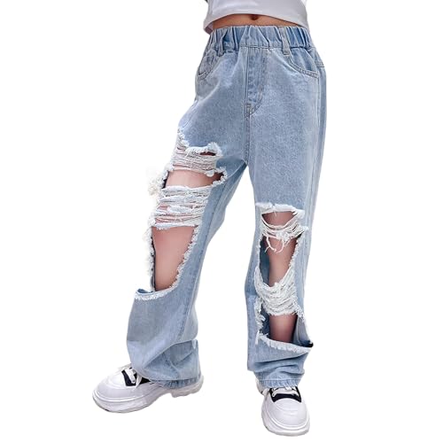 Kids Girl's High Waisted Straight Leg Ripped Jeans Streetwear Washed Baggy Denim Pants Trousers with Pockets